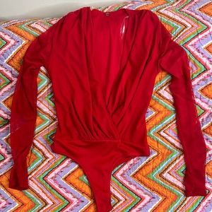 DMV, red long sleeve bodysuit blouse, mesh fabric